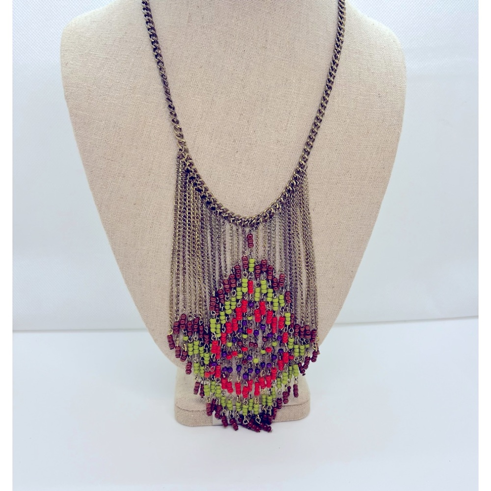 Retro 18’ Necklace 70’s Style  4 inch hanging brushed Vintage Gold and Beading